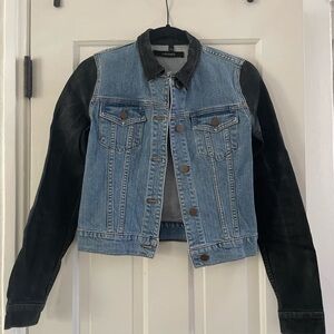 J Brand denim jacket with black collar and sleeves